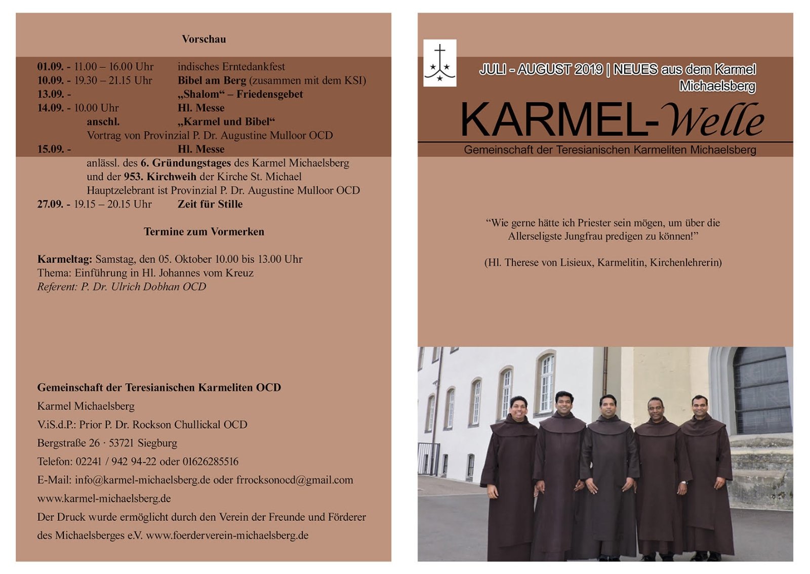 Karmel-Welle: Ausgabe Juli 2019 (c) Gemeinschaft der Teresianischen Karmeliten Michaelsberg