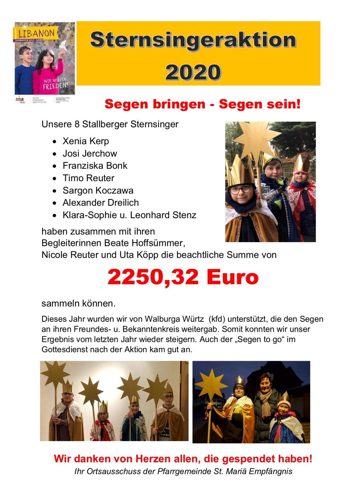 Ergebnisplakat der Stallberger Sternsinger-Aktion-2020 (c) Ut Köpp