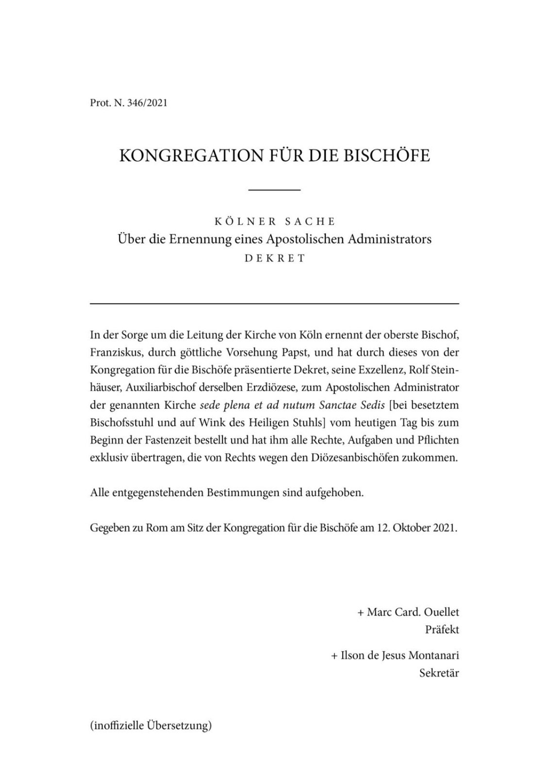 Dekret Weihbischof Steinhauser Deutsche-Ubersetzung (c) Erzbistum Köln
