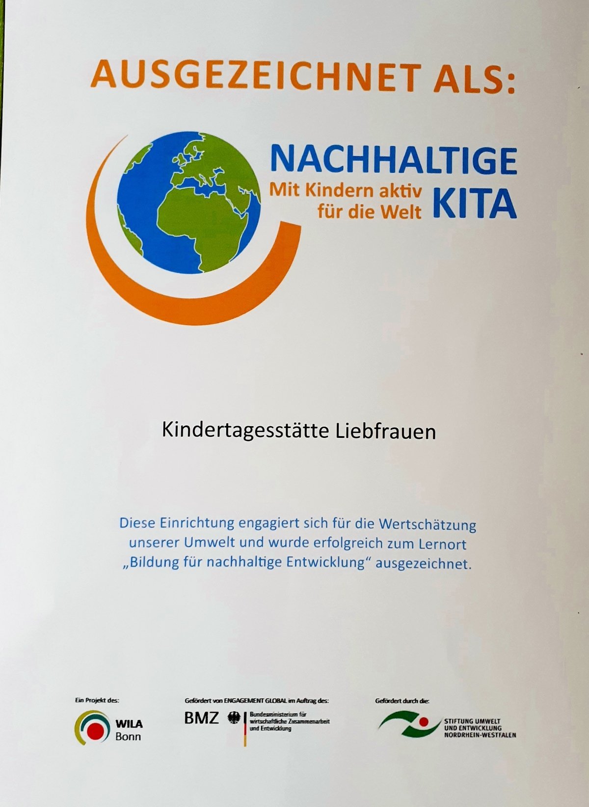 Nachhaltige KiTa: Zertifikat (c) L. Kannengießer